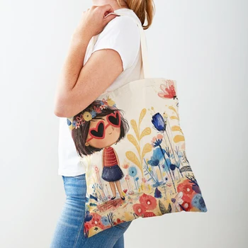 Сказочный мир, милая детская повседневная сумка для покупок, милая мультяшная девочка с двойным принтом, многоразовая Эко-холщовая сумка для покупок, сумка-тоут