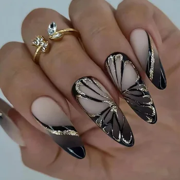 24шт Миндальные накладные ногти с клеем, Пригодные для носки шпильки, накладные ногти, дизайн бабочки, френч-пресс на кончиках ногтей, полное покрытие ногтей