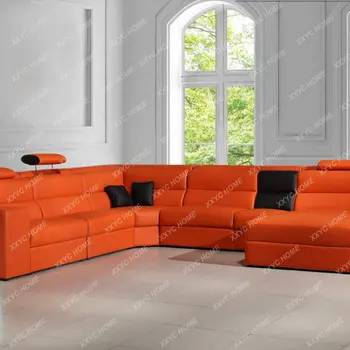 Современная мебель Для гостиной Из Оранжевой Клееной Кожи, Большой Секционный диван, Мягкий и удобный Для внутренней мебели для гостиной