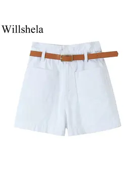 Willshela, женские модные шорты с поясом, белые шорты на молнии спереди, винтажные женские мини-шорты с высокой талией, шикарные женские мини-шорты
