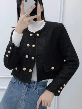 2023 Новая весенняя винтажная куртка BlackTweed для женщин, элегантное пальто роскошного дизайна с круглым вырезом и длинным рукавом, шикарная Корейская модная верхняя одежда