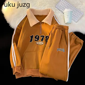 Комплект зимних штанов для бега трусцой Puku Juzg, толстые пальто с мехом ягненка в стиле ретро, топы, повседневная спортивная одежда, брюки, комплекты из двух предметов, одежда для бега