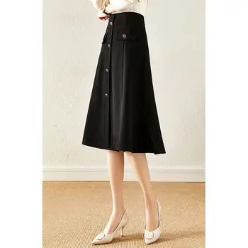Элегантные женские длинные черные юбки для женщин, повседневная свободная юбка миди трапециевидной формы с высокой талией 2023, Весенне-летняя женская одежда Q596