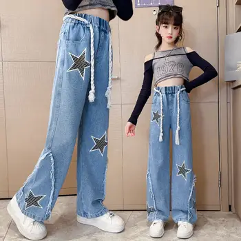 Широкие джинсы для маленьких девочек, джинсовые брюки для девочек, детская верхняя одежда, длинные брюки, одежда для девочек 2023, осень-весна 120-170