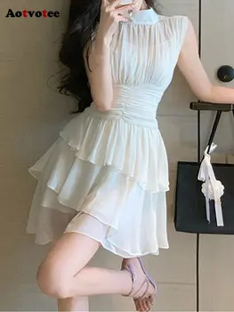 Асимметричное платье Aotvotee для женщин 2023, Модное белое платье Fairycore с полувысоким воротником, Элегантное мини-платье без рукавов с рюшами.