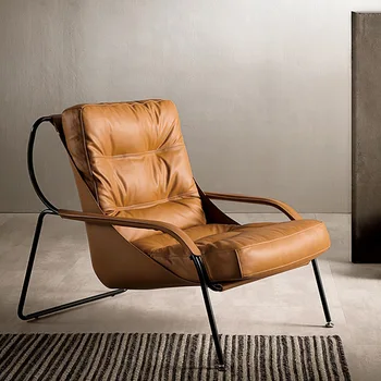 Итальянское легкое роскошное кожаное дизайнерское кресло для переговоров в индустриальном стиле для одного человека, повседневное оранжевое дизайнерское кресло для гостиной