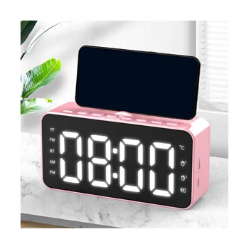 Многофункциональный будильник-радио Настольные часы ЖК-дисплей с Bluetooth-совместимым воспроизведением музыки Цифровой будильник для домашнего офиса Розовый