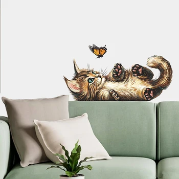 T15 # Милый котенок, играющий с бабочкой, наклейка на стену, Детская комната, настенная роспись в спальне, Обои в ванной, Домашний декор, наклейки с мультяшным котом