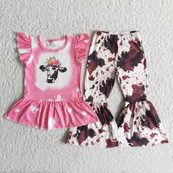 Летний костюм для малышей, одежда в западном стиле, розовые брюки-клеш с оборками и цветочным рисунком, комплекты