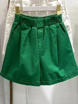 Зеленые хлопчатобумажные женские летние шорты Повседневные Свободные широкие Белые шорты на пуговицах с эластичным поясом Простые женские домашние шорты