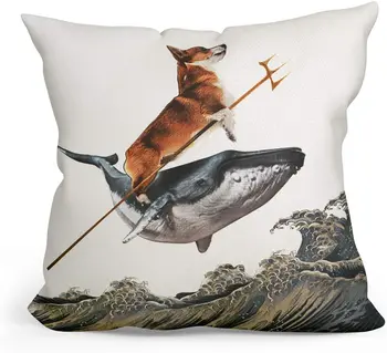 Aquadog The Corgi Rides a Whale Собака Наволочки для Подушек, Наволочка для Дивана Декор Дивана 18 ”x 18” дюймов