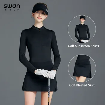 SG Lady, блузка с воротником-молнией, женская тонкая рубашка для гольфа с длинным рукавом, женская юбка для гольфа с защитой от пустот, плиссированная юбка, Черные комплекты одежды для гольфа