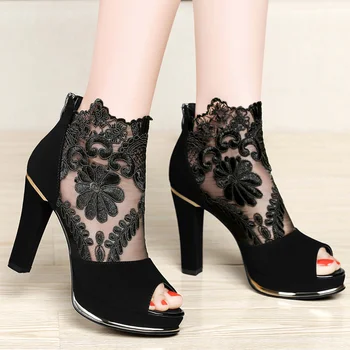 Сексуальные женские босоножки на платформе и высоком каблуке, женская модная обувь на блочном каблуке, Кружевная сетчатая обувь для вечеринок, обувь для мамы 35-41