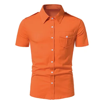 Мужские рубашки с короткими рукавами, повседневная однотонная блузка, качественная футболка из 100% хлопка, топы с карманами, футболка 2023, Летние рубашки на пуговицах, топы