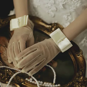 Свадебные Перчатки из тюля длиной до запястья цвета шампанского с жемчугом, Свадебные Аксессуары 2023