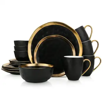 Современный фарфоровый набор посуды Florian, 16 предметов на 4 персоны, золотые и черные кухонные принадлежности