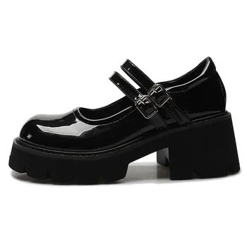 33-43 Туфли из лакированной кожи Mary Jane, женские черные туфли на платформе с круглым носком, Новинка 2023 года, черные каблуки