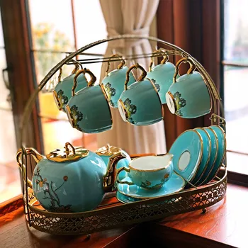 Полка для керамических чашек, подставка для кофейных чашек в европейском стиле, органайзер для чашек, корзина для хранения с резным кованым покрытием (золотистый)