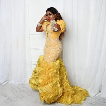 Роскошные бусины Кружевные аппликации Золотые вечерние платья Africa Уникальные иллюзионные Пышные оборки Длинные выпускные платья Aso Ebi для свадебной вечеринки