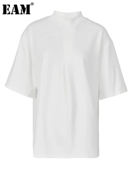 [EAM] Женская белая повседневная футболка неправильной формы большого размера, Новая водолазка с коротким рукавом, свободный крой, мода Tide, весна-осень 2023 1DF6438